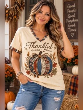 Thankful V-Neck Short Sleeve Top - Beige